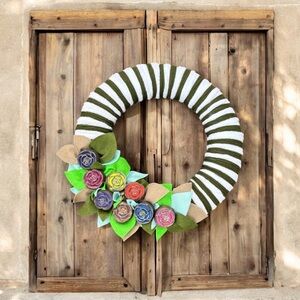 Handcrafted Clay Flower & Bold Green & White Striped Yarn Farmhouse Wreath